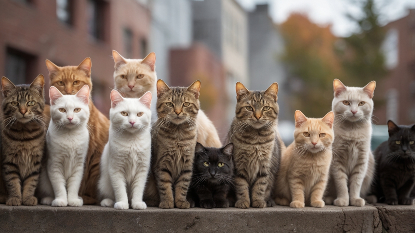 A row of community cats of different colors sitting together on a ledge in an urban setting